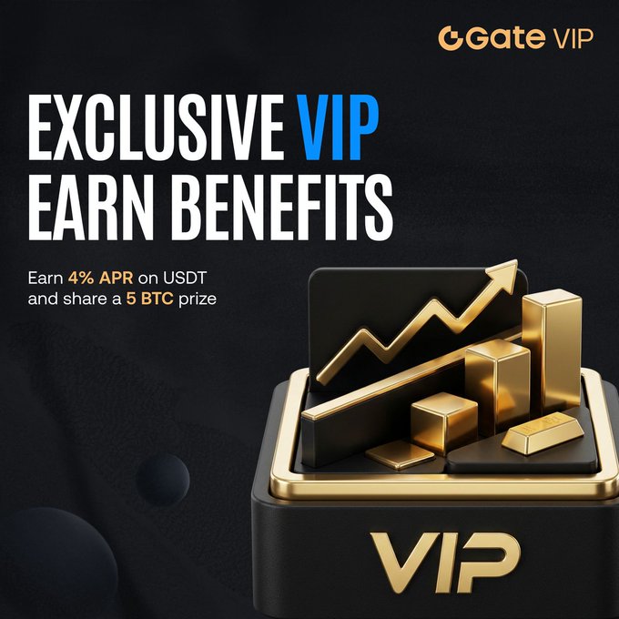 A Gate VIP promotional graphic featuring gold bars, bars, and a rising chart beside the headline “EXCLUSIVE VIP EARN BENEFITS.” It promotes up to 4% APR on USDT and the chance to share a 5 BTC prize pool, matching the limited-time VIP Earn campaign at gate.com/campaigns/6130.