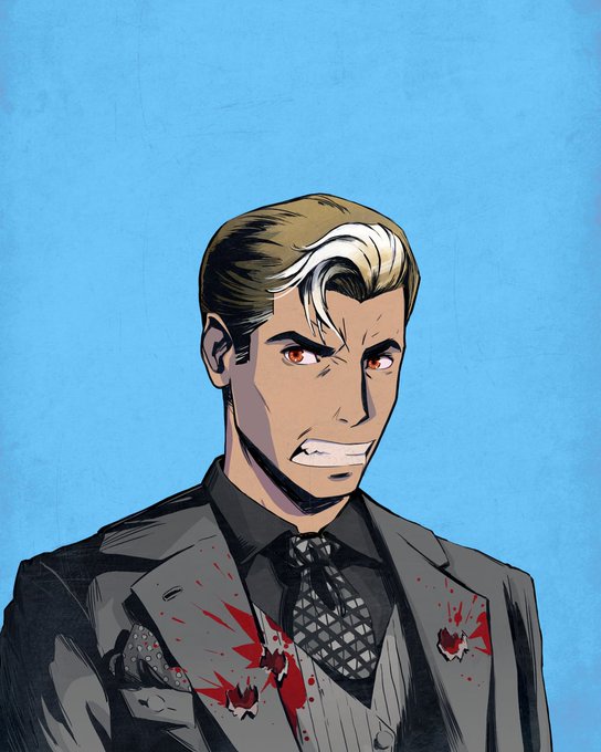 An illustrated portrait of a stern man in a gray suit with a white streak in his hair, his clothing splattered with blood.