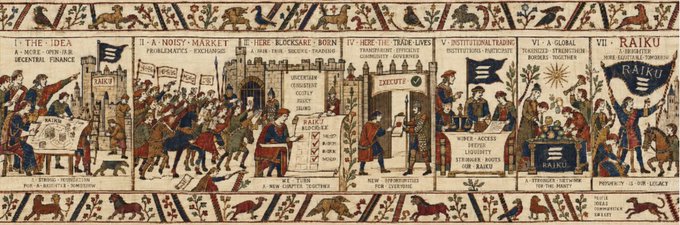 A horizontal tapestry or artwork depicting seven panels illustrating the satirical process of money creation, from 'I - THE IDEA' to 'VII - THE RAIKU'.