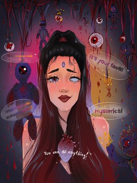 An illustration of a woman with dark hair and blue eyes surrounded by floating eyeball creatures. Speech bubbles contain phrases like 'it's your fault!', 'Hysterical', 'You are nothing!', and 'You are paranoid'.