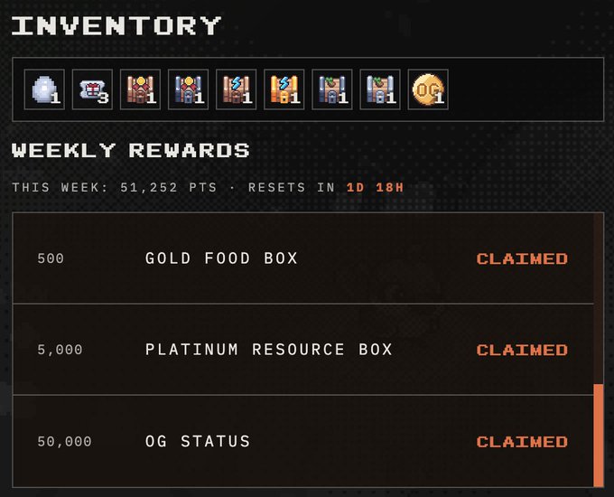 An inventory and weekly rewards screen from a video game, showing collected items at the top and claimed rewards of '500 GOLD FOOD BOX', '5,000 PLATINUM RESOURCE BOX', and '50,000 OG STATUS' based on 51,252 weekly points.