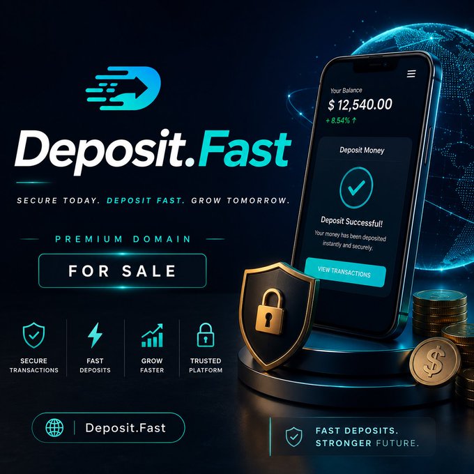A premium domain advertisement for 'Deposit.Fast' featuring a smartphone displaying a successful deposit of $12,540.00, with icons emphasizing secure transactions, fast deposits, and trusted platform features.