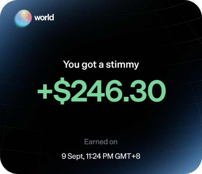 A notification from World (world.xyz) displays a reward of "+$246.30" earned on 9 Sept at 11:24 PM GMT+8, with the playful heading "You got a stimmy." The image visually supports the post's claim about receiving $246 in credit after completing the World.xyz verification process using 1 USDC and SOL for gas.