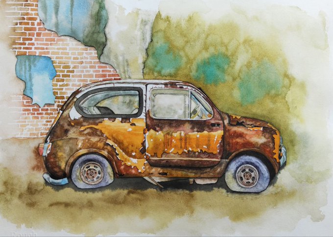 A watercolor painting depicts a rusted, vintage compact car with patches of orange and brown decay, parked in front of a weathered brick wall.