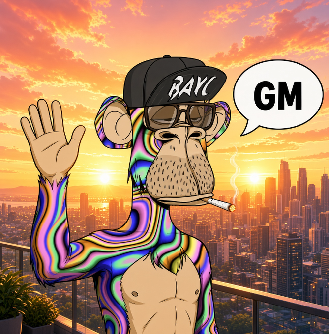 A colorful cartoon illustration of a psychedelic Bored Ape Yacht Club (BAYC) character wearing a 'BAYC' cap and sunglasses, smoking a cigarette, and waving, with a speech bubble saying 'GM' against a city sunset backdrop.