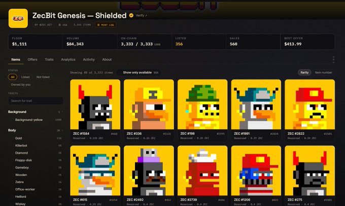 A screenshot of an NFT marketplace page titled 'ZecBit Genesis — Shielded' showing various pixel art character collectibles priced in ZEC cryptocurrency, with statistics like floor price ($1,111), volume ($84,343), and listings.