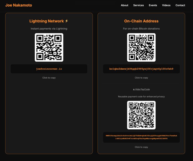 A website donation page for Joe Nakamoto displaying three QR codes for Lightning Network, On-Chain Bitcoin address, and a PayCode for enhanced privacy, with corresponding addresses for copying.