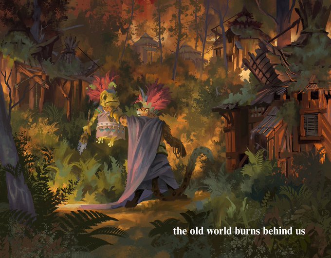Fantasy illustration depicting a cloaked figure walking through a burning village alongside a feathered companion, with text overlay reading 'the old world burns behind us'.