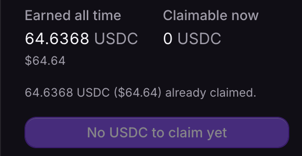 The image displays a rewards dashboard showing 64.6368 USDC (~$64.64) earned all time, with 0 USDC currently claimable and a note that all earnings have been claimed. It appears to be a screenshot from the Argus World platform mentioned in the post, likely demonstrating the modest earnings one can make by creating tokens through the launchpad meta.