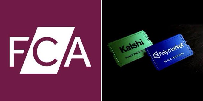 Side-by-side image showing the FCA (Financial Conduct Authority) logo next to novelty candies labeled 'Kalshi PLACE YOUR BETS' and 'Polymarket PLACE YOUR BETS'.