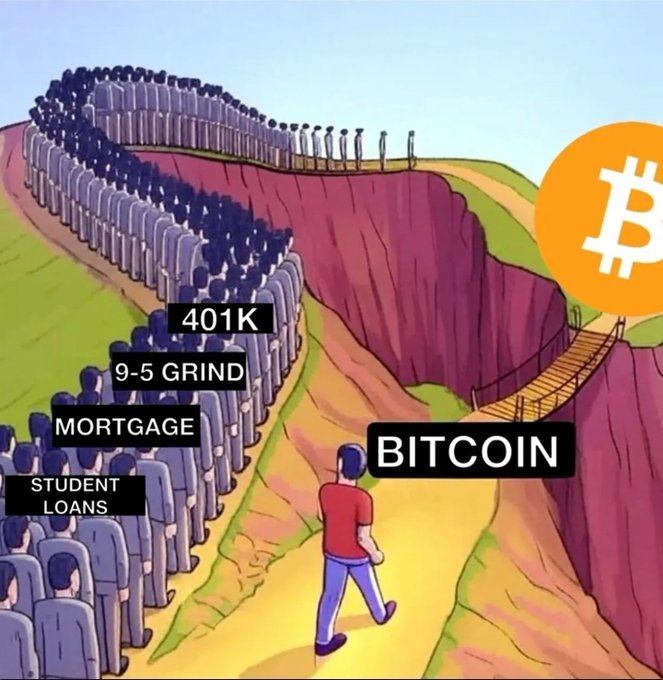 A meme showing a person walking toward Bitcoin on one side of a chasm while a crowd labeled with "Student Loans," "Mortgage," "9-5 Grind," and "401K" lines up on the other side.