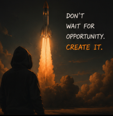 A hooded figure watches a rocket launch into a cloudy sky, with the text reading "DON'T WAIT FOR OPPORTUNITY. CREATE IT." This pairs with the "$Coded will create them" message to suggest the project embodies that proactive, launch-ready mindset.
