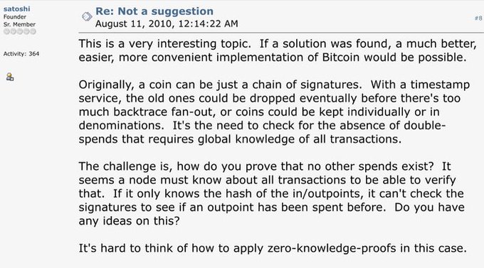 A screenshot of a forum post by Satoshi titled 'Re: Not a suggestion' from August 11, 2010, discussing potential improvements to Bitcoin's implementation regarding transaction verification and zero-knowledge-proofs.