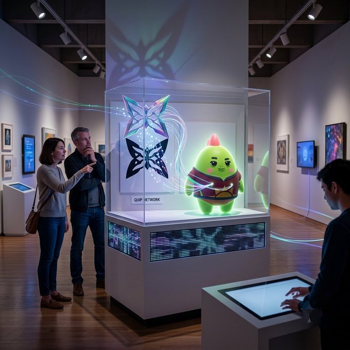 An art gallery or exhibition space features a holographic display of a green avocado-like character inside a glass case, with two visitors observing and another person interacting with a touchscreen nearby.