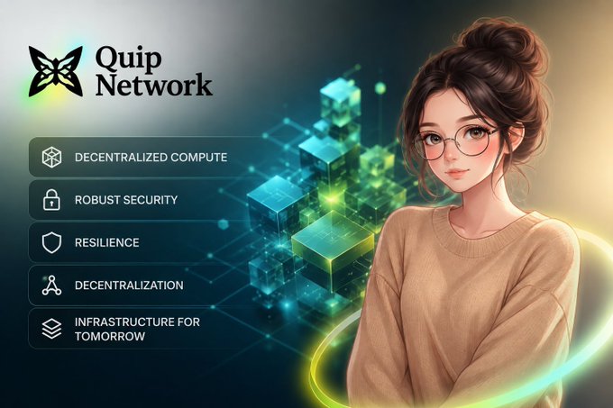 A stylized illustration features a young woman with a high bun and round glasses beside the "Quip Network" logo, with feature highlights reading "Decentralized Compute," "Robust Security," "Resilience," "Decentralization," and "Infrastructure for Tomorrow." The image visually reinforces the post's emphasis on Quip Network's focus on secure, resilient, and decentralized infrastructure for the future of computing.