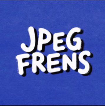 A blue graphic with stylized white text reading 'JPEG FRENS'.