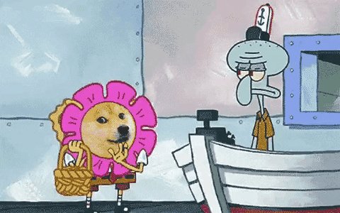 The image features a cartoon scene with two characters - a dog wearing a flowery outfit and a man dressed as Spongebob Squarepants. The dog character has a pink flower on its head, while the man character wears a hat that looks like a flowery top hat. They are standing next to each other in front of a boat, which is part of the cartoon scene. In the background, there's a post with text that says "Here, have some Dogecoin." This suggests that the image might be related to a popular meme or trend involving dogs and flowers, possibly featuring characters from a TV show or movie.