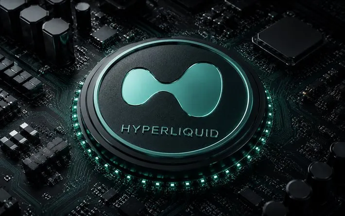 A 3D rendering of a black computer chip on a circuit board displays the teal Hyperliquid logo and name.
