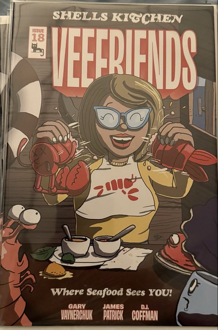 A copy of VeeFriends Issue 18, "Shells Kitchen," featuring cartoon artwork of a smiling character in glasses holding a lobster, with the tagline "Where Seafood Sees YOU!" and credits to Gary Vaynerchuk, James Patrick, and D.J. Coffman. The comic matches the post's description of receiving and reading VeeFriends #35 (likely referencing the character's series numbering), highlighting its fun story and expressing a wish for larger roles for the Last Glass Standing and Sommelier characters.