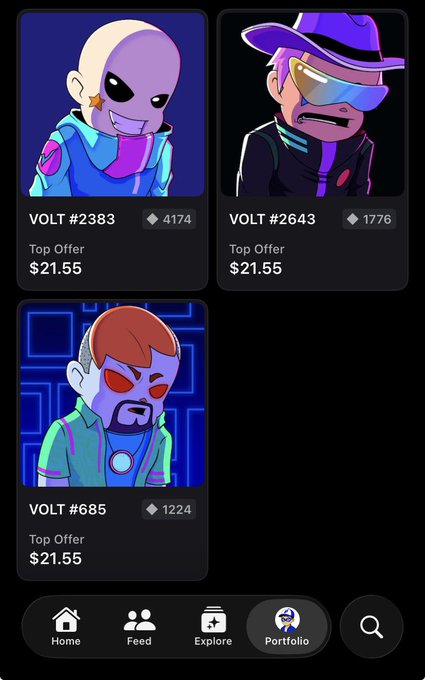 A mobile app screen showing a digital collectibles marketplace displaying three NFT listings ('VOLT #2383', 'VOLT #2643', and 'VOLT #685') with Top Offers of $21.55, and a navigation bar at the bottom with Home, Feed, Explore, Portfolio, and Search tabs.
