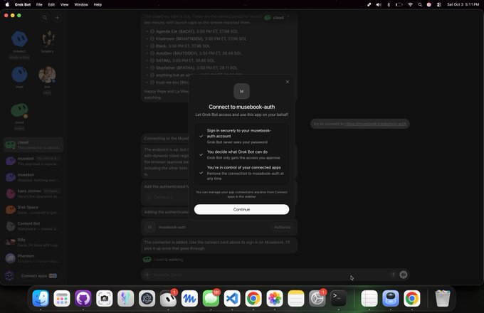 A macOS desktop screenshot showing a chat application called 'Dusk Bot' with a 'Connect to musebook-auth' authentication popup window open.