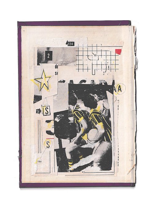 An abstract mixed-media collage featuring black and white imagery, geometric shapes, letters 'S' and 'A', and a basketball player, mounted on a purple backing.