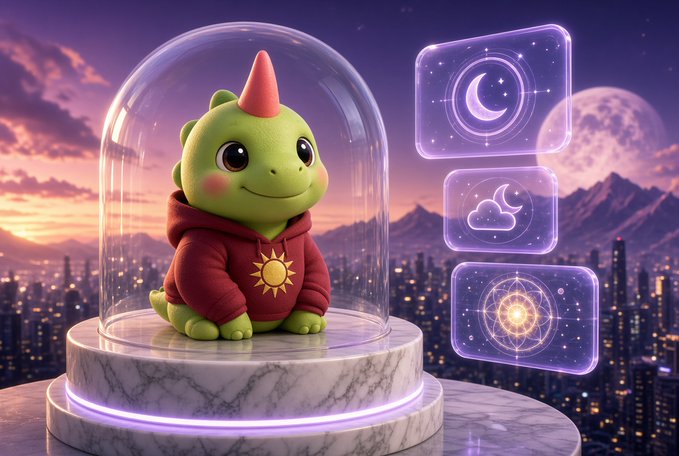 A 3D-rendered cute green dinosaur-like character wearing a red hoodie with a sun emblem, sitting under a glass dome on a marble pedestal, accompanied by floating purple icons showing moon, cloud, and magical effects, set against a sunset cityscape.