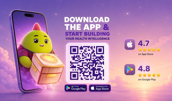 A promotional app download graphic showing a green cartoon character emerging from a smartphone holding a treasure box, with the text 'DOWNLOAD THE APP & START BUILDING YOUR HEALTH INTELLIGENCE' alongside a QR code and ratings of 4.7 on App Store and 4.8 on Google Play.