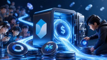 A futuristic digital illustration of a glowing SUI-branded safe or vault with currency symbols, surrounded by a crowd of people reaching toward it in a neon-lit environment.
