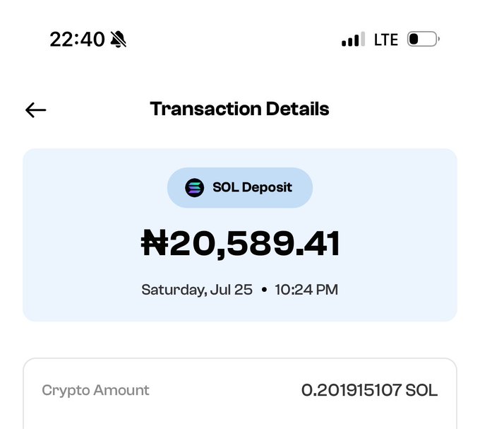 This is a SOL deposit transaction showing 0.201915107 SOL was received, equivalent to ₦20,589.41. This image directly answers the question posed in the accompanying post: "who sent me 0.2 sol?".