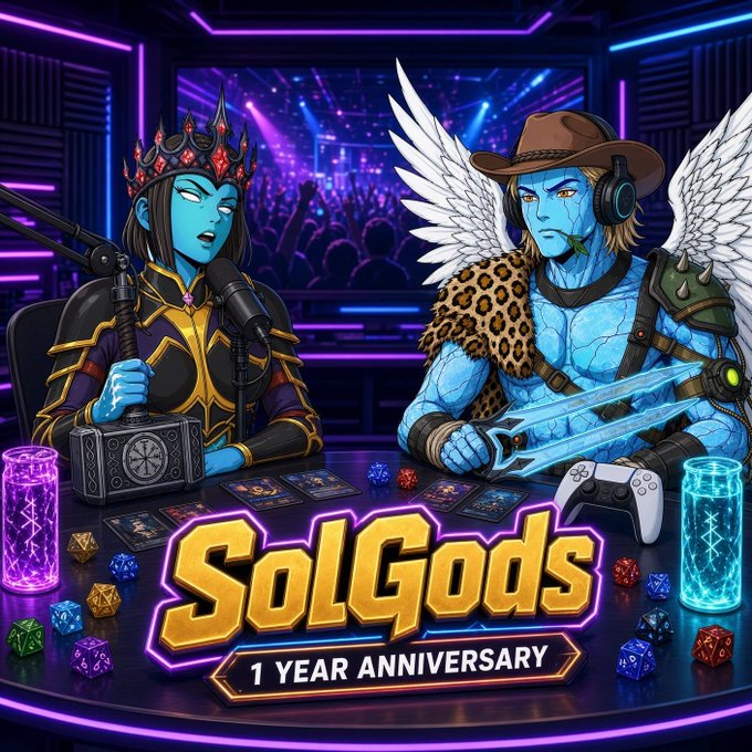Promotional artwork for 'SolGods 1 YEAR ANNIVERSARY' featuring a blue-skinned queen with a crown and a winged warrior with a cowboy hat sitting at a table with gaming accessories.