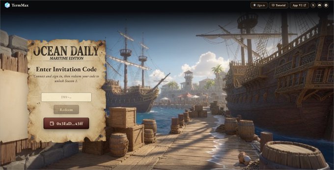 The image shows a login page for "Ocean Daily" Maritime Edition, featuring a harbor scene with galleons and a code redemption interface displaying the message "Enter Invitation Code" and the partial code "0x3EsD...a3ff." The accompanying text provides a list of invitation codes (INV-0JrYLu8bOF8, INV-GI0yb2V8hfo, etc.) that users can enter on this page, along with a leaderboard link at leaderboard.termmax.ts.finance/wallet to track participation in the TermMax platform.