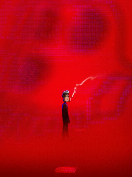 A dark, atmospheric digital illustration shows a small figure wearing a hat with lightning shooting from their hand against a red background featuring a faint, large skull.