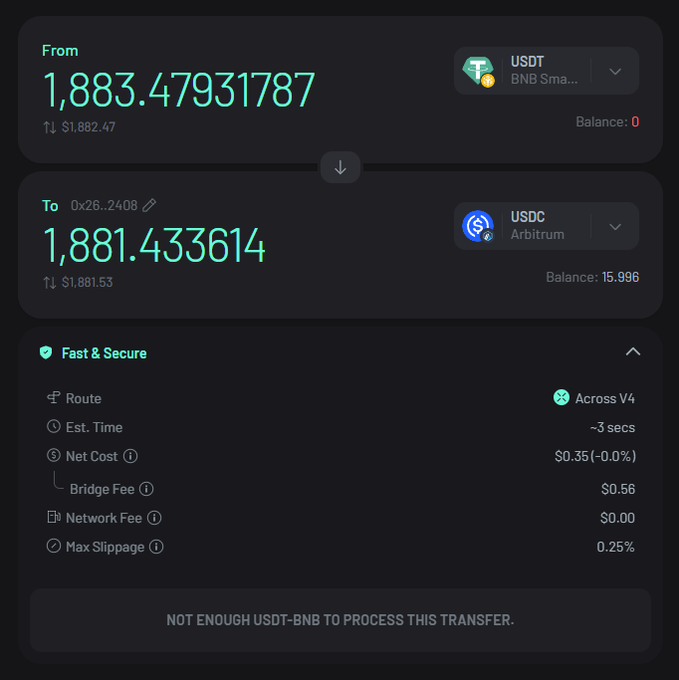 A crypto swap/bridge interface showing conversion of 1,883.47931787 USDT (BNB Smart Chain) to 1,881.433614 USDC (Arbitrum), using the Across V4 route, with a notice 'NOT ENOUGH USDT-BNB TO PROCESS THIS TRANSFER.'