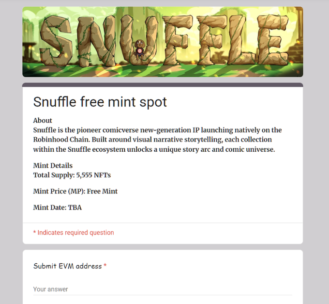 A webpage for 'Snuffle free mint spot' describing it as a comiverse IP on the Robinhood Chain with a total supply of 5,555 NFTs, featuring an EVM address submission form.