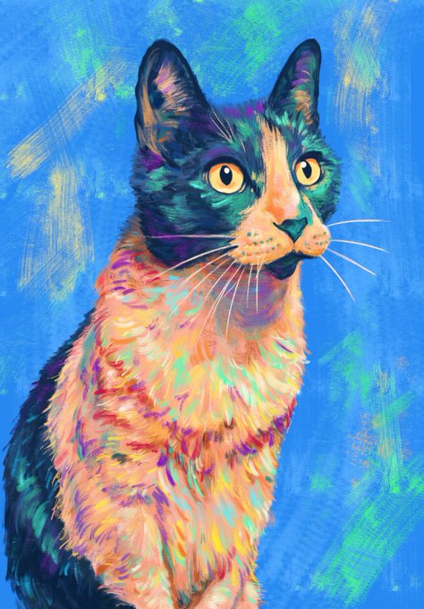 A colorful, stylized painting of a calico cat with striking yellow eyes and multicolored fur rendered in vibrant pink, orange, green, and purple brushstrokes against a bright blue background.