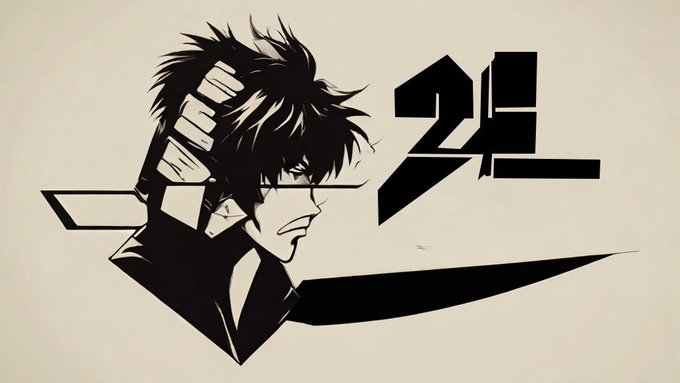A black and white stylized illustration of an anime character with spiky hair, featuring a Korean character design.