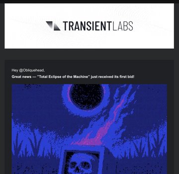 The image shows a Twitter post from @Obliqueahead announcing the first bid on the NFT "Total Eclipse of the Machine" hosted on TransientLabs. The accompanying artwork depicts a pixel-art scene featuring a skull in a monitor under a solar eclipse with a pink portal/beam descending from above, set against a dark blue cosmic background.