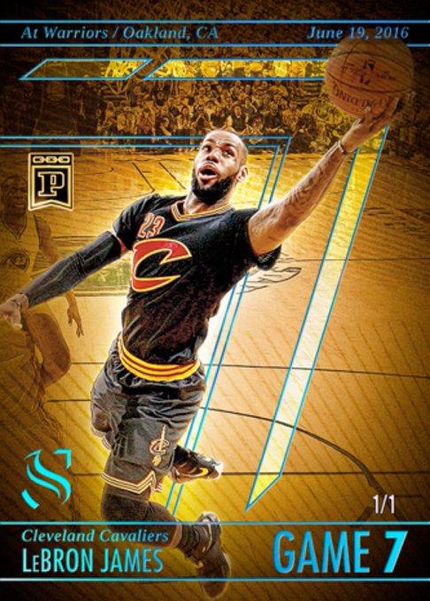 A Panini trading card of LeBron James from Game 7 against the Warriors in Oakland, CA on June 19, 2016, numbered 1/1, showing him in a Cleveland Cavaliers jersey going up for a shot.