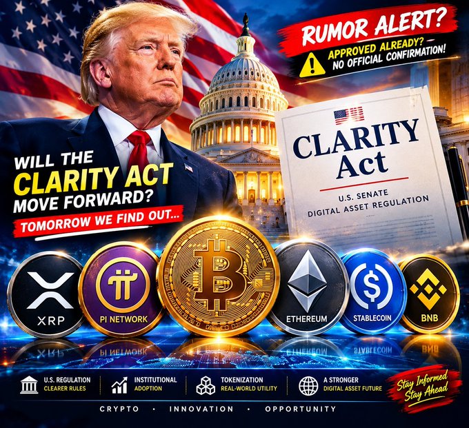 The image is a clickbait-style thumbnail featuring Donald Trump against an American flag and U.S. Capitol backdrop, promoting the "CLARITY Act" as U.S. Senate digital asset regulation, with a "Rumor Alert?" banner questioning its approval and displaying crypto coins including XRP, Pi Network, Bitcoin, Ethereum, Stablecoin, and BNB. It visually supports the post's claim that the Clarity Act represents America's official support for crypto, reinforcing the idea that digital asset regulation is advancing under the current administration, though the image's sensationalized "rumor alert" and "tomorrow we find out" language suggests the post may be speculative hype rather than confirmed news.