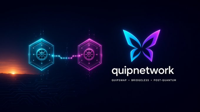 A digital graphic for 'quipnetwork' featuring hexagonal blockchain icons in cyan and magenta with the tagline 'QUIPSWAP · BRIDGELESS · POST-QUANTUM' against a sunset landscape.