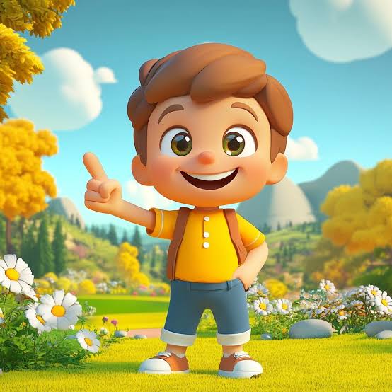 The image features a cartoon boy standing in front of a field filled with flowers and trees. The boy has his finger pointing upwards and he's wearing a yellow shirt and blue jeans, giving him a cheerful appearance. In the background, there are mountains visible against a clear sky, adding to the overall beauty of the scene.