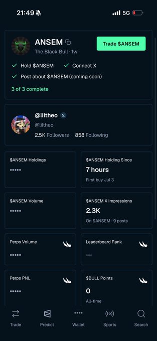 The image shows a BullpenFi profile dashboard for @liltheo (2.5K Followers, 858 Following) displaying their progress toward the "JOIN ANSEM" campaign, with 3 of 3 tasks complete: holding $ANSEM, connecting X, and posting about $ANSEM (coming soon). The stats panel confirms they've held $ANSEM for 7 hours since July 3, generating 2.3K impressions on 9 posts, while details like holdings, volume, and PNL remain hidden behind asterisks.