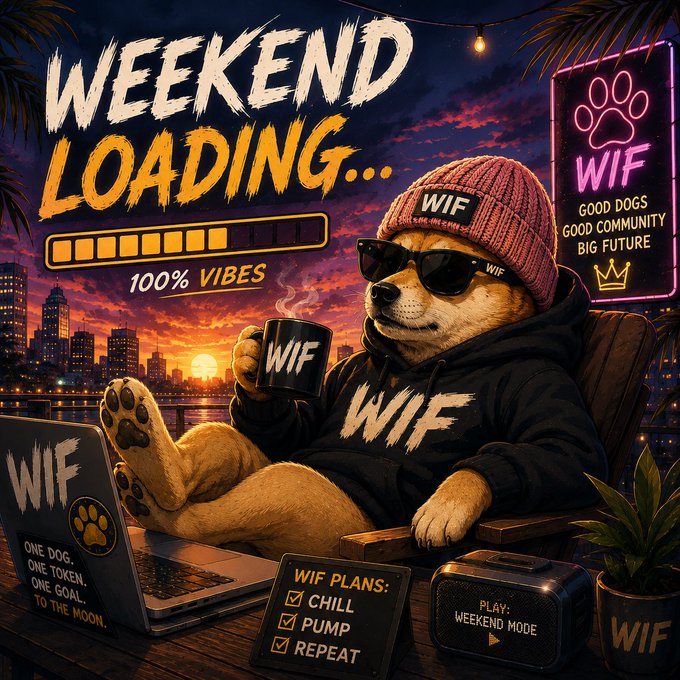 A digital illustration of a Shiba Inu dog wearing a pink beanie, sunglasses, and a black 'WIF' hoodie, holding a 'WIF' mug, with text reading 'WEEKEND LOADING... 100% VIBES', 'WIF PLANS: CHILL, PUMP, REPEAT', and 'PLAY: WEEKEND MODE'.