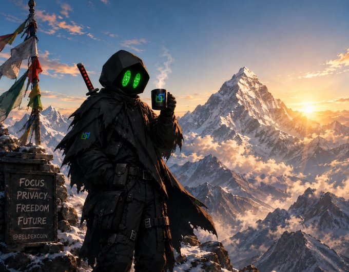 A digital artwork features a hooded, cloaked figure with glowing green eyes holding a mug, standing before snow-capped mountains and prayer flags; a stone plaque reads "FOCUS, PRIVACY, FREEDOM, FUTURE" and "@BELDEXCOIN."