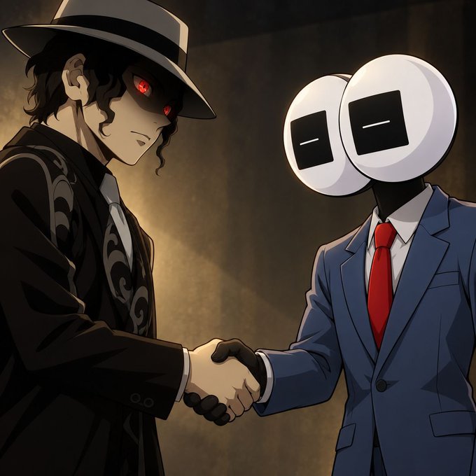An anime-style illustration depicting two characters shaking hands in a dark room — one wearing a fedora and black suit with glowing red eyes, and the other a figure with a white robotic camera-like head wearing a blue suit and red tie.