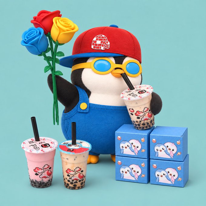 A penguin plush toy wearing a red cap, blue overalls, and yellow goggles, holding flowers and a bubble tea cup, surrounded by branded merchandise and drinks.