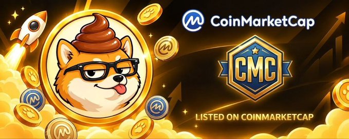 A promotional banner shows a Shiba Inu dog with a poop emoji on its head, alongside 'CoinMarketCap' logo, a 'CMC' badge, and text stating 'LISTED ON COINMARKETCAP.'