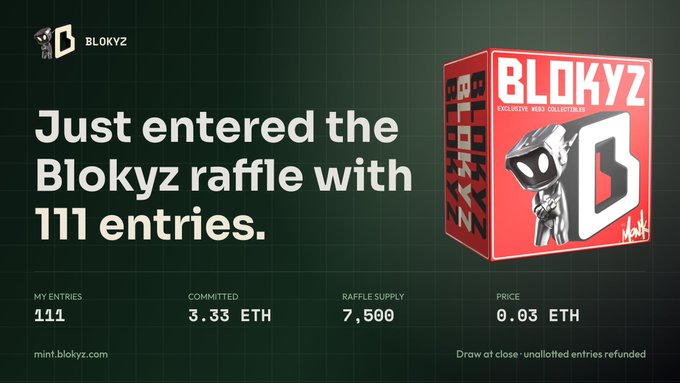 The image shows a Blokyz NFT raffle confirmation page displaying "Just entered the Blokyz raffle with 111 entries," alongside stats showing 111 entries committed at 0.03 ETH each (3.33 ETH total) with a raffle supply of 7,500. This matches the post confirming the user's 111-token over-allocation into the Blokyz raffle, hoping for a better outcome than the referenced Haluk Levent situation.