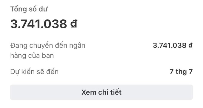A Vietnamese banking/transfer confirmation screen showing a total balance of 3.741.038 đ being transferred to the user's bank account, expected to arrive on July 7th.